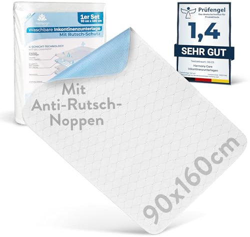 Harmony Care® Inkontinenzunterlage waschbar 90x160 cm [mit Anti-Rutsch-Noppen] - 1X rutschfeste Inkontinenzauflage - atmungsaktive Inkontinenz Bettunterlage