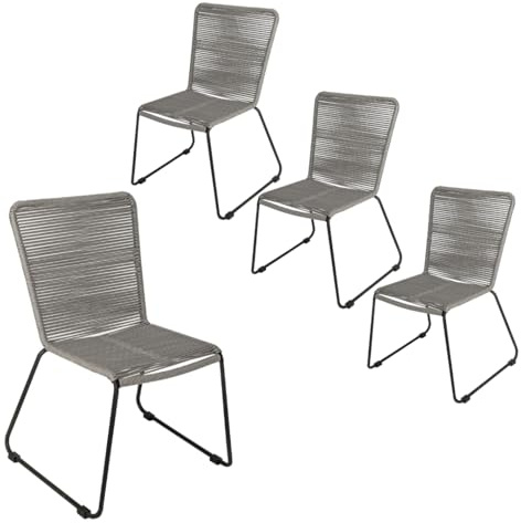 Loreno 4er Set Outdoor Seilstuhl ISRA, Grau, stapelbare Gartenstühle | Graue Seilbespannung aus Polyester, schwarzes Eisen-Gestell, Modernes Rope Chair Design für Garten, Balkon & Terrasse