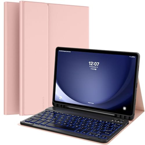 MoKo Funda con Teclado para Samsung Galaxy Tab A9 Plus / A9+, Funda Cuero PU Delgada con Ranura para Lápiz y Teclado Desmontable Bluetooth QWERTY Inglés Reino Unido Panel Táctil, Oro Rosa