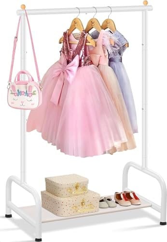 MISSLO Metal Kids Clothes Rails for Girls, Boys & Baby Nursery - Small Clothes Rack Garment Hanging rail with Storage Shelf - Childrens Dressing Up Rail for Bedroom,White