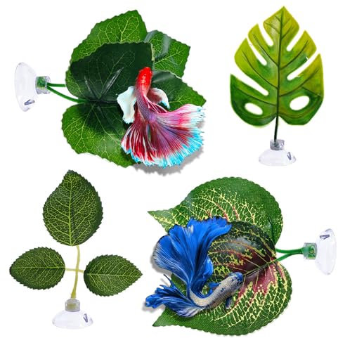 UEPOA Betta Bed Bett Blatt, 4 Stück Aquarium Künstliche Pflanzen Dekoration Simulationsblätter mit Saugnapf Betta Hängematte Blatt für Betta Fisch Ruheplatz Lebensraum