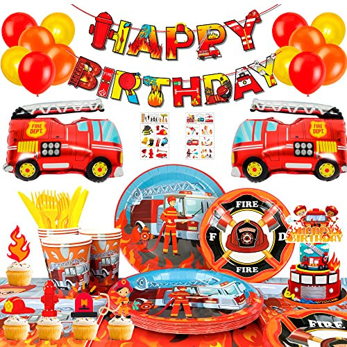 Décoration Anniversaire Pompier, 155 Pcs Décoration de Fête Pompiers & Vaisselle de Fête Pompiers - Ballon Camion de Pompier Banderole Assiette Gobelet Nappe etc Decoration Garcon Camion de Pompier