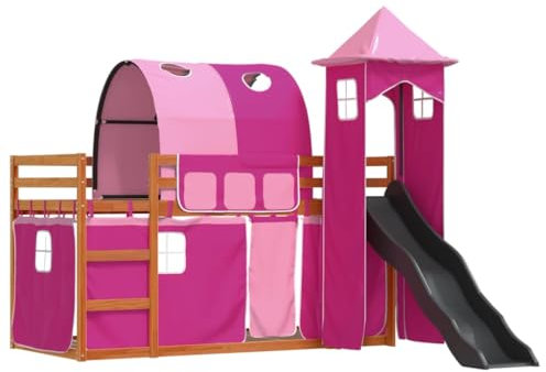 vidaXL Kids Bunk Bed with Slide and Pink Curtains - Twin Pine Wood Frame 90x190 cm