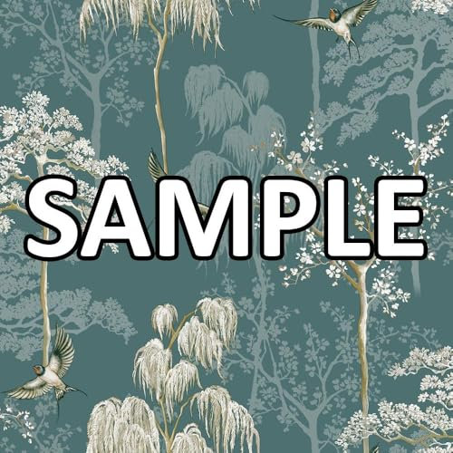 World of Wallpaper Japanese Garden Inspired Oriental Asian Themed Wallpaper Sample for Living Room and Bedroom Cherry Blossom Trees and Oriental Birds - Teal/Dark Green 946101 Sample