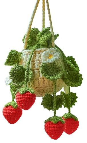 Topfpflanzen Häkeln | Häkeln Hängepflanze | Hängende Häkel-Erdbeere Auto | Häkeln Rückspiegel Pflanze | Niedliches Auto Pflanzenzubehör | Pflanze Häkeln Auto Spiegel Zubehör für Autos