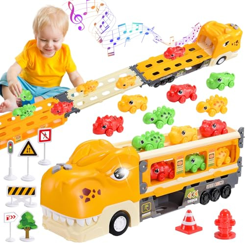 Toys for 2 3 4 5 Year Olds Boy, Dinosaur Car Toy for Kid 2-5 Years Old Birthday Xmas Gifts for 2-5 Year Olds Boys Kids Present Transport Truck Toys Cars for Boys Toddler Toy