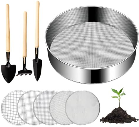 BORDEAG Setaccio da Giardino Rotondo,20 Cm Setaccio da Giardino in Acciaio Inox con 5 Inserti Intercambiabili 3,6,9,10,12 mm E Pala,Setaccio per Terreno Rotondo,Setaccio Rotondo da Giardino per Terra
