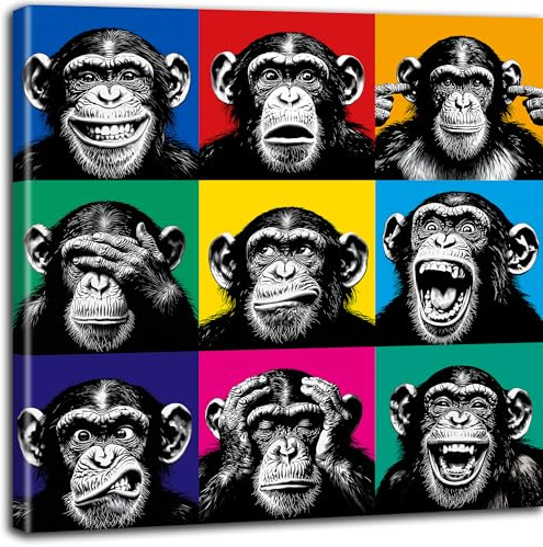 Objectz Pop Art Leinwandbilder – moderne Wandkunst-Drucke für Wohnzimmer oder Büro | Deko im PopArt Retro Stil für kreative Räume - verschiedene Motive + Formate (Affenbande, 100 x 100 cm)