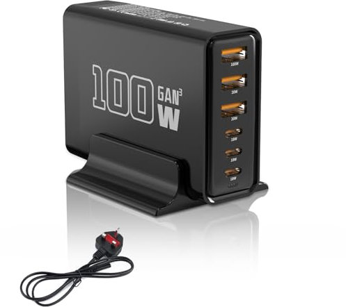 Balabaxer fast charger, 100W GaN 6-port (3 USB-C + 3 USB-A) square charging station, compatible with laptops, mobile phones, tablets, and other USB devices (Black)