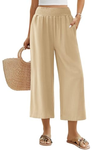 Niwicee Leinenhose Damen Sommer 3/4 Culotte Leichte Weite Leinenhose Sommerhose Elastische High Waist Loose Freizeithose Elegante Lounge Hosen mit Taschen