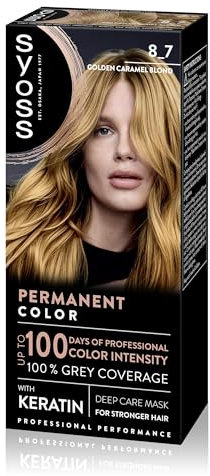 SYOSS Permanent Color 8-7 Rubio Dorado Caramelo, tinte de pelo y mascarilla con keratina, para una cobertura profesional de canas, color duradero y cuidado intensivo