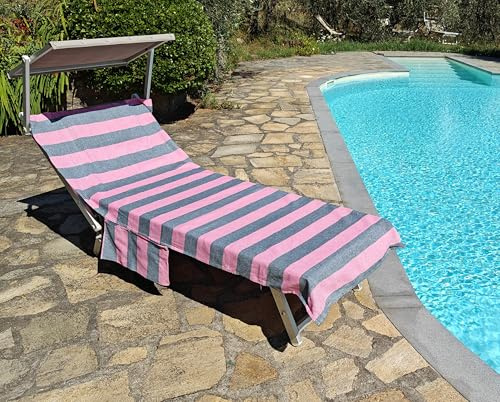 Vico Casa® Strandtuch für Sonnenliege VERSILIA 75x195cm aus Baumwolle, Streifendesign/Strandtuch mit Kissen, Taschen und Tragetasche/Corallo e Verde