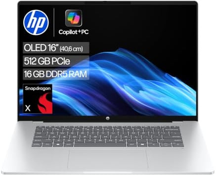 HP OmniBook 5 Next Gen AI Laptop PC, 16 Zoll 2K OLED Touch, Snapdragon X1-26-100 Prozessor (45 NPU-Tops), 16 GB LPDDR5x RAM, 512 GB PCIe SSD, Qualcomm Adreno GPU, Windows 11 Home, QWERTZ, Silber