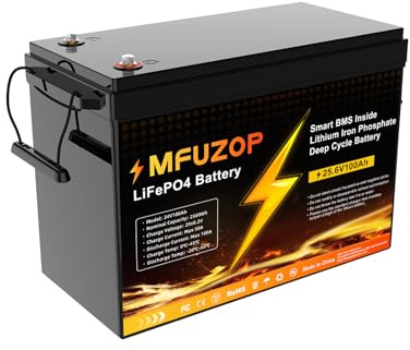MFUZOP 24V 100Ah LiFePO4 Batterie, 100A BMS, MAX 2560W Leistung, 8000-15000 Zyklen Deep Cycle Lithium Batterie, Unterstützt Serien/Parallelschaltung, für Wohnmobil, Solar Home System(24V100AH*1Pcs)
