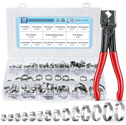 VAYALT 170PCS Einohr-Schlauchschellen Edelstahl mit Schlauchklemmzange, 【14 Größen 5.3-33.1mm】Robuste Rohr-Schlauchschelle, Sprengring Set für Kraftstoffleitung Clip,Haus Gas Rohr,Wasser Rohr