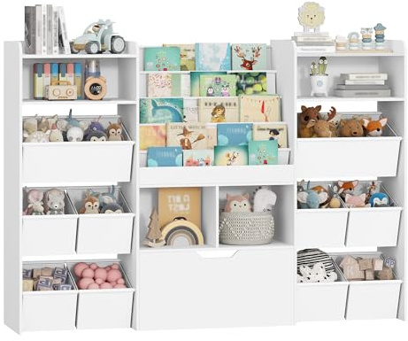 HEXCELEN Kinderregal mit Zeitungsständer, 30 x 140 x 100 cm Weiß | Bücherregal Kinder mit Boxen auf Rollen, Kinder, 10 Stoffschubladen Spielzeugregal für Kinderzimmer Wohnzimmer Schlafzimmer