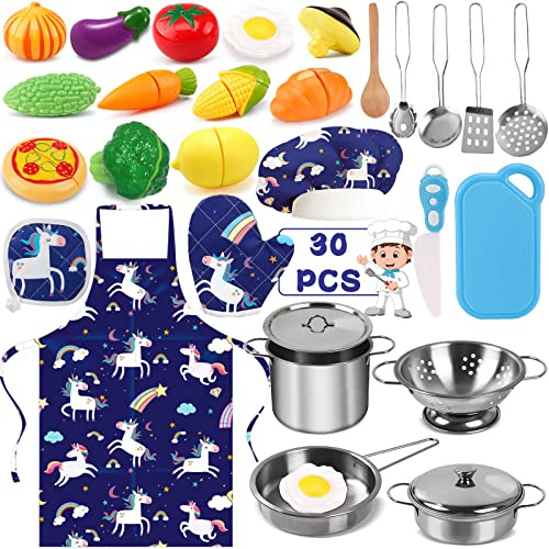 ZPQAODI 30 Pezzi Giocattoli da Cucina per Bambini, Cucina Pentole Giocattolo per Bambini Set di Pentole e Padelle in Acciaio Inossidabile, Grembiule, Cappello da Cuoco, Utensili da Cucina