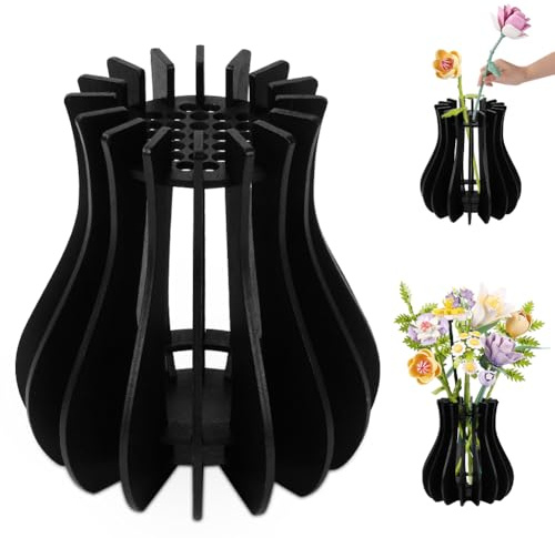 AOOTE Holz Vase für Lego Blumen, Blumenvase für Lego Blumenstrauß, Vasen Holz für Rosen Sonnenblumen Tulpen Kirschblüten, Narzissen,Lotus,Geschenk Deko für Blumenliebhaber(Schwarz)