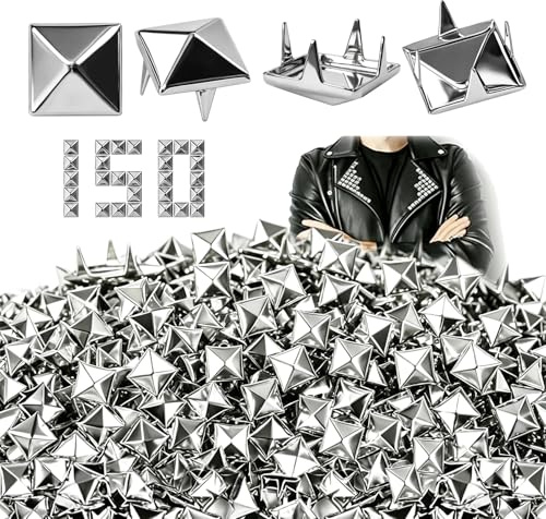 PDKKFF 150 Stück Quadratische Nieten Metall, 8mm Pyramidennieten Edelstahl, DIY Punk Ziernieten für kleidung, Spike Nieten Silber, Studs for Clothes, Leder, Taschen, Schuhe, Mäntel, Handschuhe, Mützen