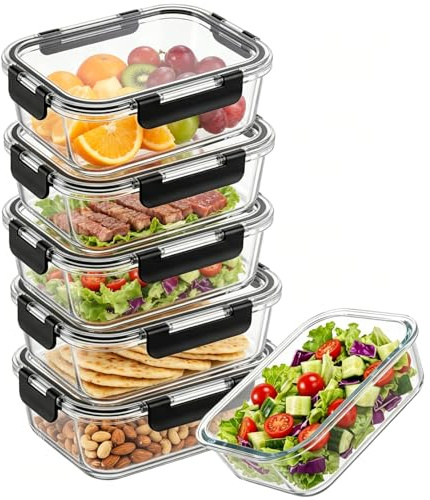 Zocipro 5 Pack 1000 ml Tupper Cristal Grande Hermético con Tapa, Meal Prep Containers, Tuppers de Vidrio, Glass Food Storage, Potes de Vidro, Fiambreras de Vidrio, Microondas Horno Congelador