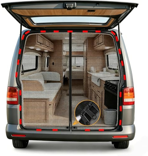 FINEVERNEK Mosquitera con Cremallera para Puerta Trasera de VW T5 T6, Magnética Mosquitera para Coche, Cortina Divisoria Protección contra Insectos Solar, Red de Sombra Ventilación Camping y Viajar