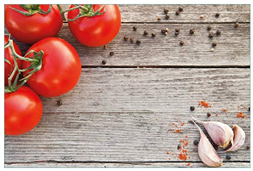 Wallario Küchenrückwand selbstklebend 90 x 60 cm, Motiv: Tomaten und Gewürze auf altem Holztisch | Spritzschutz abwischbar & pflegeleicht
