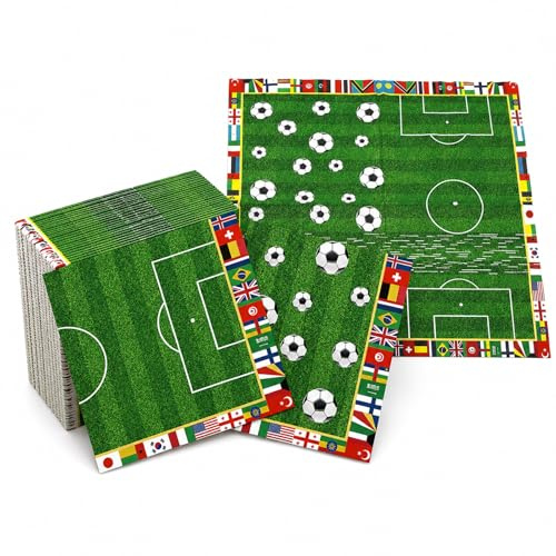 Koboko 20 Stück Fußball Servietten, 33x33 cm Servietten Fussball Deko WM 2026 Tischdeko, Fußball Party Deko Papierservietten, Fussball Geburtstag Papierservietten, Flaggen Welt Serviettens WM 2026