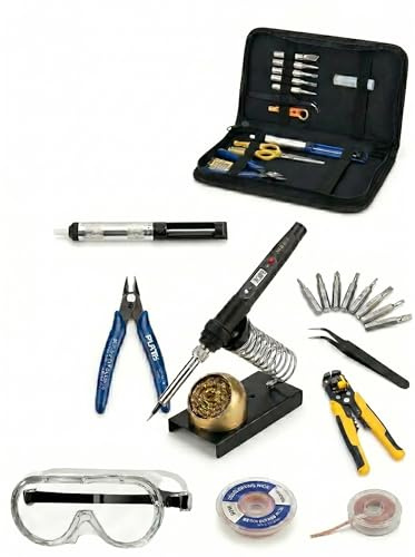 Soldering Iron Kit 80W 18-in-1 Solder LCD Soldering Kit Solder Flux Soldering Iron with Safety Goggles, Solder wick, Desoldering Pump, Solder Wire, Wire Stripper, Stand, Tweezers & Case Soldering Flux