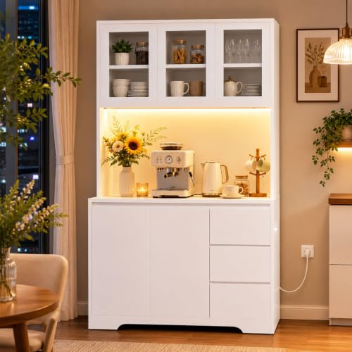 Nordivale Kitchen Cupboard, Tall Cabinet Kitchen Sideboard Storage Cabinet with LED, Power Outlet, Adjustable Shelves, 3 Drawers, 5 Doors, Large Countertop 100x38.5x180 cm, White