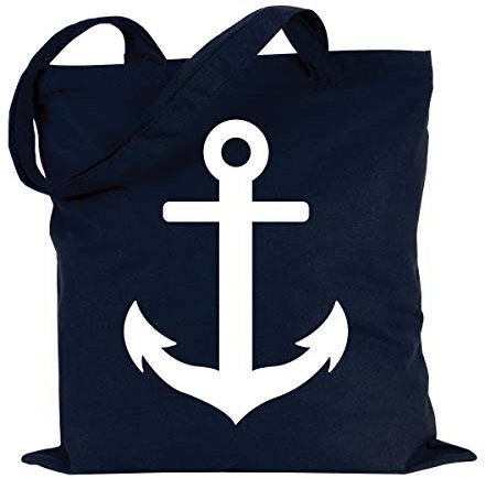 JUNIWORDS Jutebeutel, Wähle ein Motiv & Farbe, Anker (Beutel: Marine Blau, Text: Weiß)