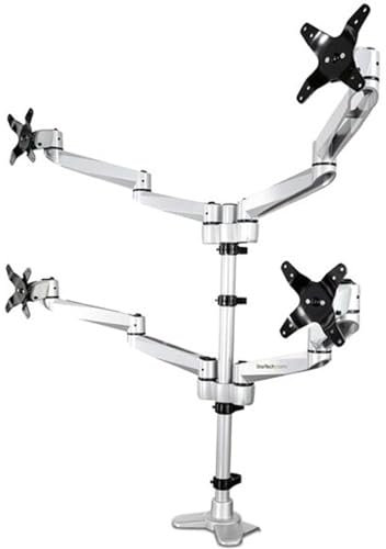 StarTech.com Desk Mount Quad Monitor Arm – Premium Articulating VESA 4 Monitor Mount 2x2 up to 27 – Ergonomic Height Adjustable Pole Mount - Tilt/Swivel/Rotate - C-Clamp/Grommet - Silver (ARMQUADPS)