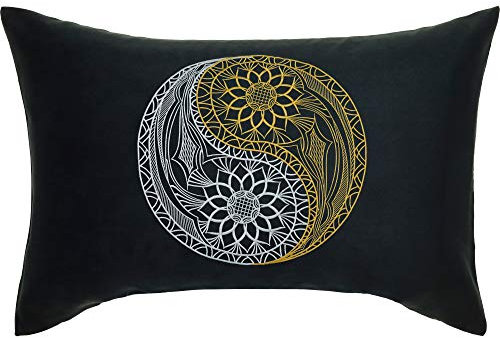 EXPRESS-STICKEREI Yoga Kissen Yin Yang Mandala Kissen mit Füllung 40x60cm | Buddhismus Dekoration Energie & Harmonie Sofakissen Wohnzimmer Dekokissen Feng Shui Accessoire Zierkissen | schwarz