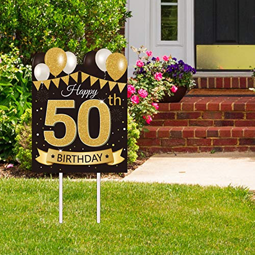 party greeting Happy 50. Geburtstag Hofschild Schwarz Gold 50 Geburtstag Party Dekorationen Rasen Schilder für Männer und Frauen 43 cm x 33 cm Kunststoff Bodenmontage
