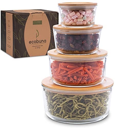 ECOBUNA® Set di 4 contenitori in vetro con coperchi in bambù, ciotole di alta qualità, ciotole in vetro con coperchio, set di contenitori in vetro, ciotole in vetro senza BPA, senza plastica