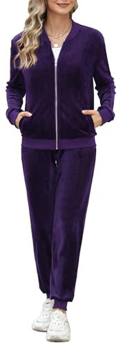 Irevial Completo Sportivo Donna Velluto Tuta Ginnastica Due Pezzi Pigiama Casual Giacca Cerniera e Pantaloni Casa Jogging Viola M