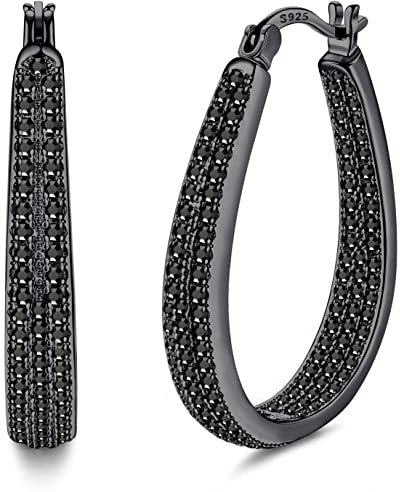 KRFY Ohrringe Creolen 925 Sterling Silber Post für Damen Mädchen Klar Schwarz Zirkonia 14 Karat Vergoldet Oval Grob Silber Ohrringe Creolen Schwarz