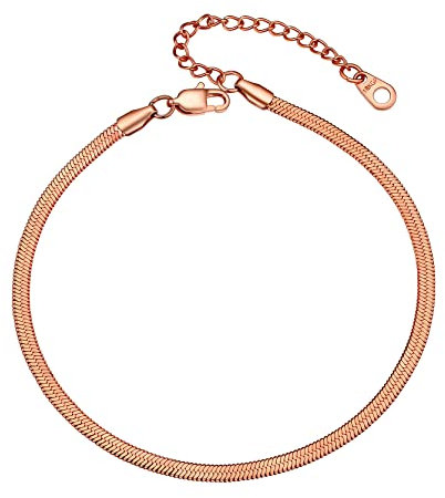 GOLDCHIC JEWELRY Rose Gold Snake Chain Anklet, Women's Herringbone Anklet Bracelet Foot Jewellery, 3mm Flexible Fit