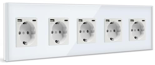 BSEED USB Steckdose Fünffach Weiß Schuko Steckdose mit USB Anschluss (Max. 2.1A) Typ C Port Unterputz Steckdose Glas Schutzkontakt-Steckdose Ladegerät für Handys, Laptops etc