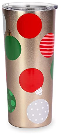 Kate Spade New York Insulated Stainless Steel Tumbler, 24 Ounce Double Wall Travel Cup with Lid, Christmas Bulbs