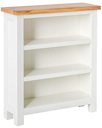 Farrow Small Living Room White Bookcase for Small Spaces | Roseland Furniture Contemporary Low Painted Pine Solid Wooden Childrens Bookshelf with 3 Shelves with Oak Top for Bedroom or Hallway