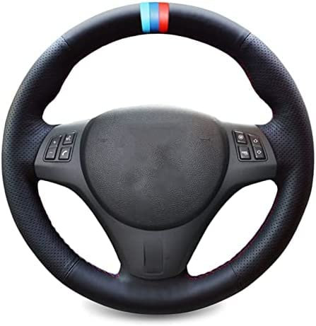 Handgenähter Auto-Lenkradbezug aus schwarzem Leder, für BMW M Sport M3 E90 E91 E92 E93 E87 E81 E82 E88 X1 E84, rote und Blaue Linie