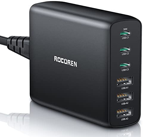 Rocoren USB C Charger Multi Port 100W, PD3.0 QC4.0 PPS Fast Charge 6-Ports Desktop Charging Station with 1.5m UK Extension Cord Compatible with MacBook Air, iPhone, iPad Pro, Galaxy S24, Huawei, Pixel