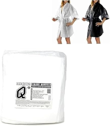 AQASKIN Kimono Jetable Esthéticienne en TNT 30 g/m2 – Lot de 20 pièces – Remises quantités – Emballé individuellement – Dimensions 100 x 140 cm – Poche et sangle, Blanc, 100x140