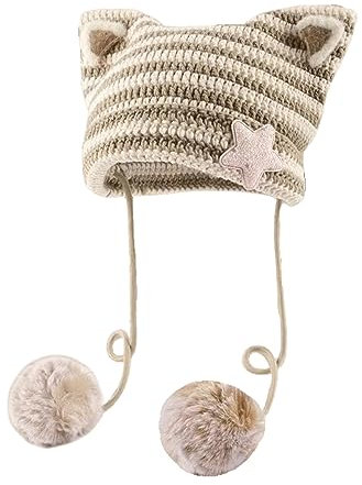 Damen Y2K Cat Ear Beanie Mütze mit Pom Poms Star Zubehör Goth Grunge Häkeln Gestrickt Slouchy Skully Caps Alt Emo Kleidung, Khaki-Beige, 7-7 1/8