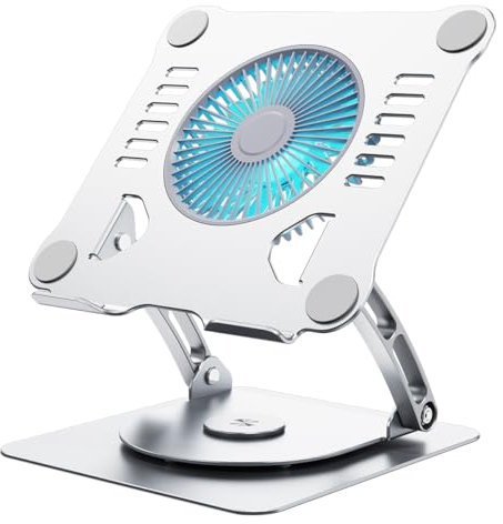 SHUWEI 360° Rotating Laptop Cooling Stand with 3 Speed Fan, Adjustable Height Laptop Stand for Desk, Ergonimic Aluminum Laptop Cooling Pad for 10-15'' Notebook - Silver
