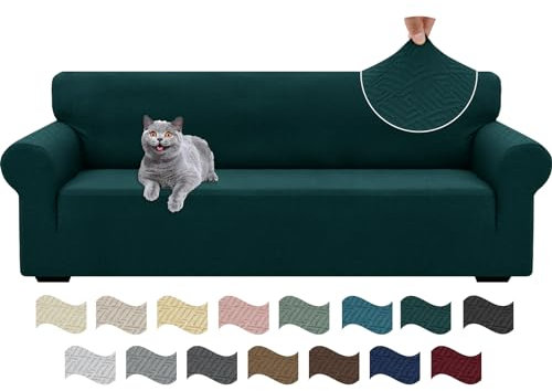 Ystyle Stretch Sofa Überzug 4 Sitzer, Sofabezug rutschfest Mit Armlehne, Elastische Couch Überzug Jacquard, Universal Sofa Cover Moderne, Sofaschoner Hund Katze Für Wohnzimmer, Dunkelgrün