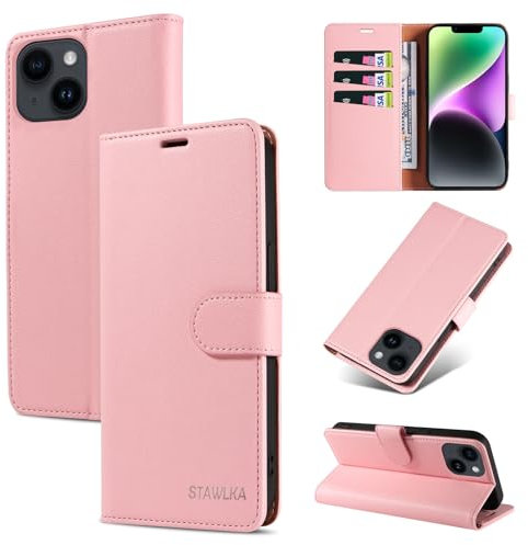 STAWLKA Case for iPhone 13, Premium PU Leather Flip Magnetic Buckle Wallet Case Kickstand Blocking RFID Shockproof Protective Phone Cover for iPhone 13 - Pink