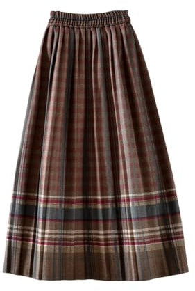 RWGSNB Women's Vintage Woolen Pleated Skirt Plaid Striped Midi Skirt, Brown Elastic High Waist A Line Skirt Ethnic Long Skirt for Ladies Girls Autumn Winter,Xs