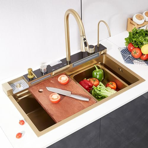 Kitchen Sink Double Outlet Waterfall Sink Gold Smart Multifunctional Sink 304 Stainless Steel Digital Display Sink With Integrated Faucet