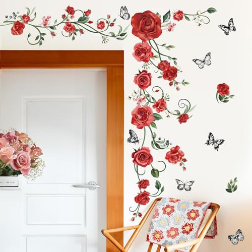 decalmile Stickers Muraux Fleurs des Rose Rouges Autocollant Mural Floral Vigne Papillons Décoration Murale Filles Chambre Salon Cuisine